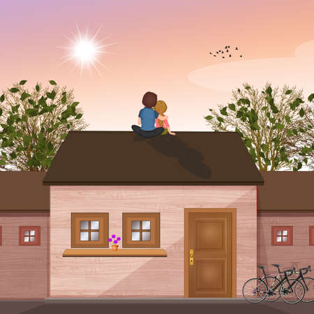 couple in the cottage in springの写真素材
