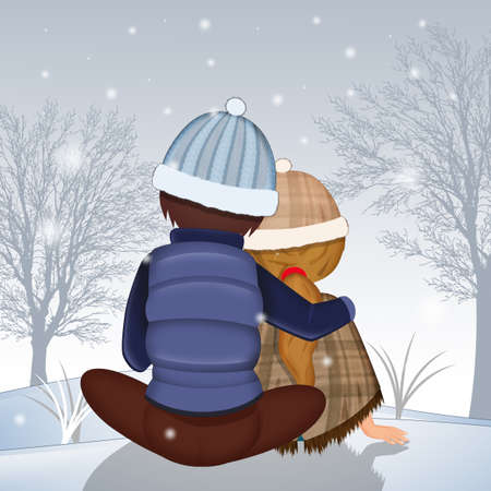 couple looks at the landscape in the winterの写真素材