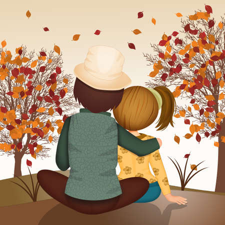 couple looks at the landscape in the autumnの写真素材