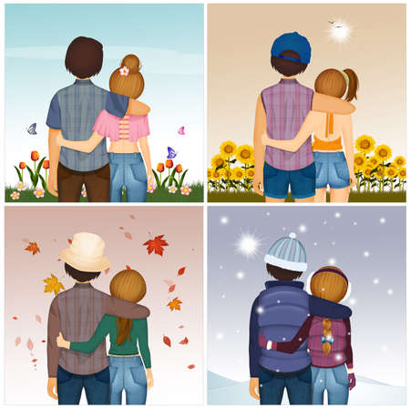 couple looking landscape in the four seasonsの写真素材