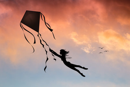 illustration of free girl flies on the kiteの写真素材