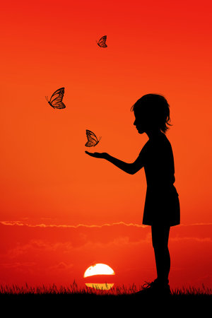 little girl with butterflies at sunsetの写真素材