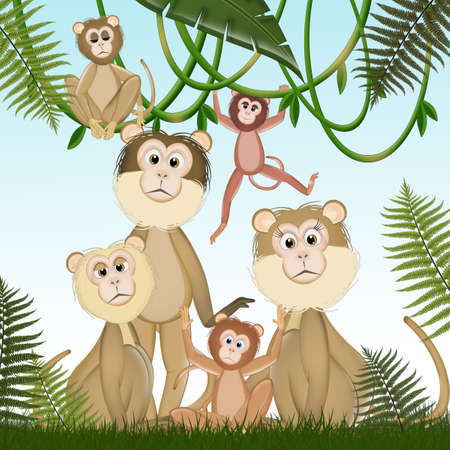 illustration of macaque monkeys in the tropical forestの写真素材