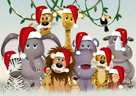 illustration of savannah animals at Christmasの写真素材
