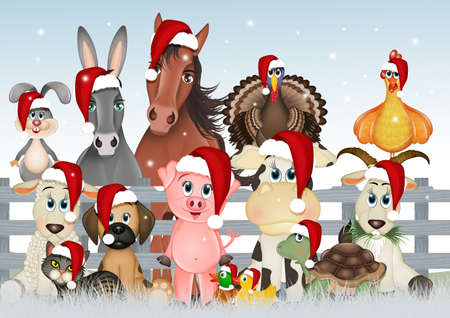 illustration of funny farm animals at Christmasの写真素材