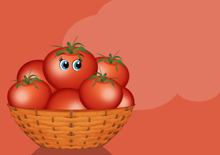 funny illustration of tomatoes in the basketの写真素材