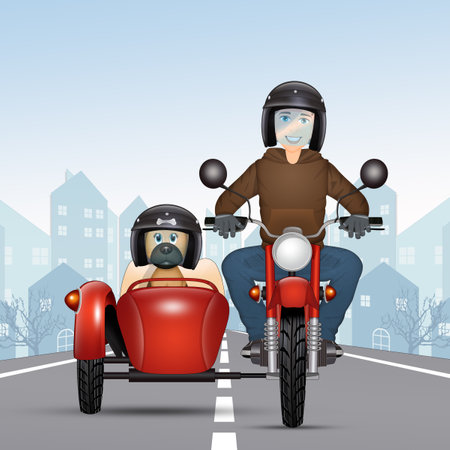 illustration of man in sidecar with dogの写真素材