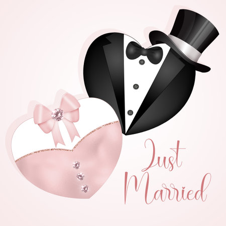 postcard with decorated hearts for the bride and groomの写真素材