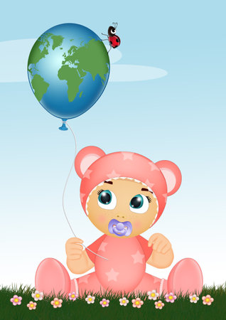 illustration of baby girl with balloon in the shape of the worldの写真素材