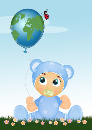 illustration of baby with balloon in the shape of the worldの写真素材