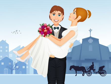 illustration of the groom picks up the brideの写真素材