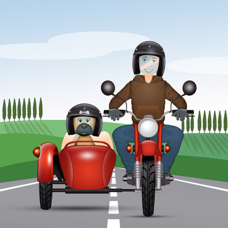 illustration of man in sidecar with dogの写真素材