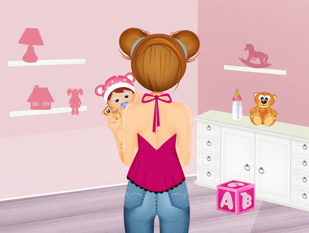 woman holding the girl in her armsの写真素材
