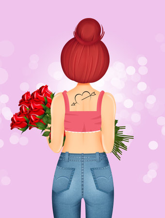 woman with bouquet of red rosesの写真素材