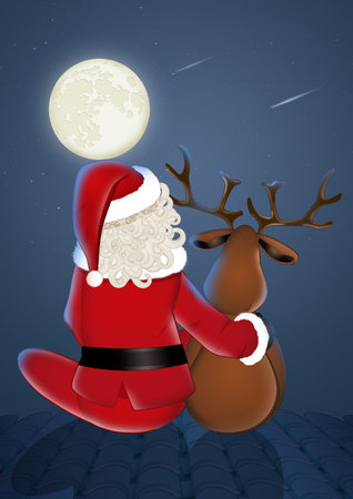 Santa Claus and reindeer look at the moonの写真素材