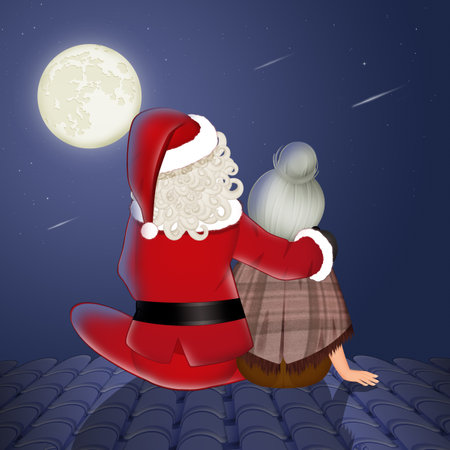 Santa Claus on the roof with his wifeの写真素材