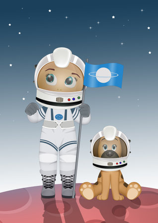 illustration of baby astronaut with puppyの写真素材