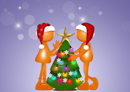 funny illustration of stylized men make the Christmas treeの写真素材