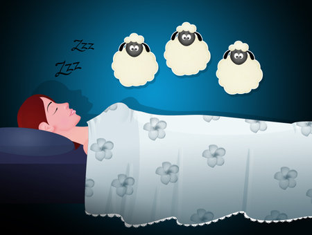 illustration of woman counts sheep against insomniaの写真素材