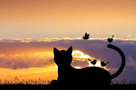 illustration of cat silhouette at sunsetの写真素材