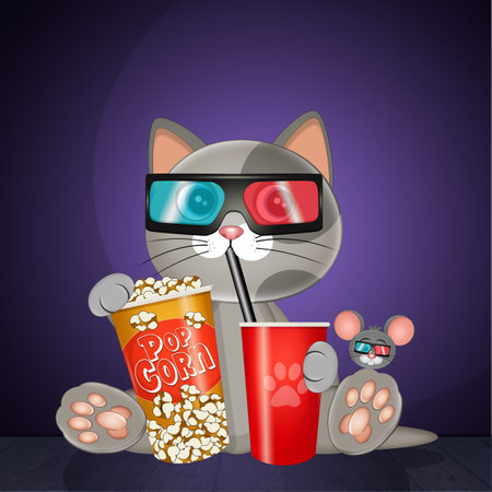 illustration of cat at the cinemaの写真素材