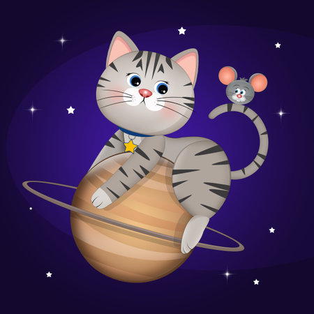 illustration of cat on the planet in spaceの写真素材