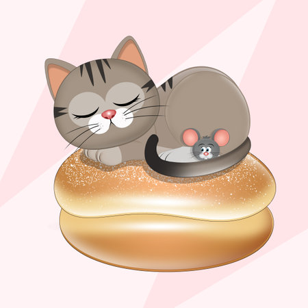 illustration of cat sleeping on donutの写真素材
