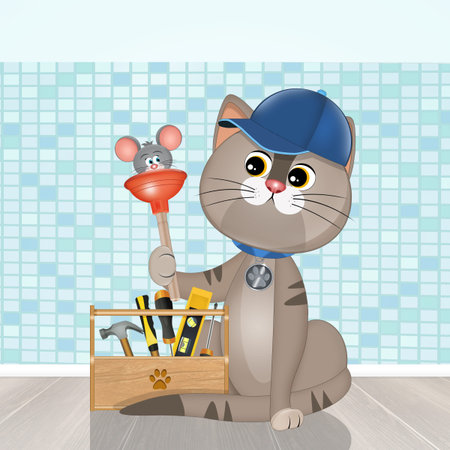 funny illustration of cat plumberの写真素材