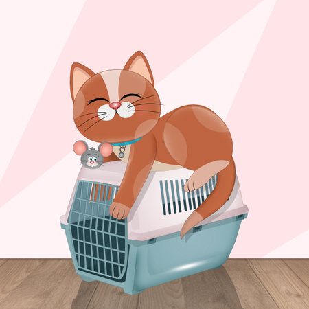 funny illustration of cat on pet carrierの写真素材