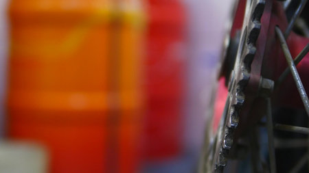 wheel motorcycle repair in garage.