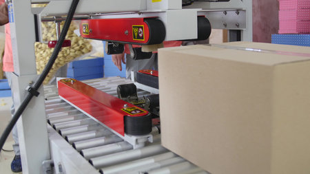 Cardboard boxes on a transporter of a packaging line