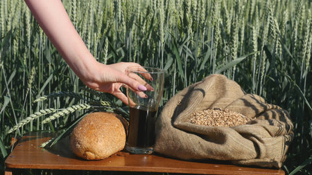 A glass of kvass and bread in a wheat field.の写真素材