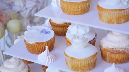 Delicious wedding reception candy bar dessert table.の写真素材