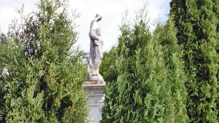 Statue in a cemetery with trees.