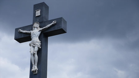 stone cross at the old cemetery. Dark Gothic graveyard. Clouds over an abandoned cemetery. Old...