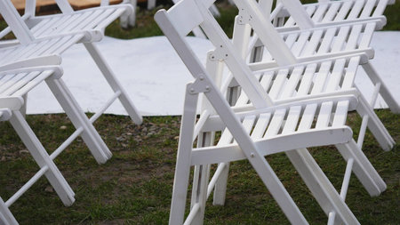 Outdoor wedding setting in Washington viewing altar and dinner tables.の写真素材