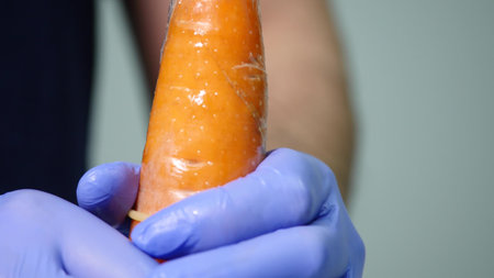 man`s hands wear a condom on carrots.