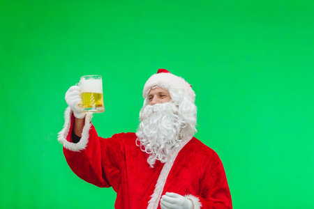 Father Christmas Santa looks at a lovely glass of beer. chroma key.の写真素材