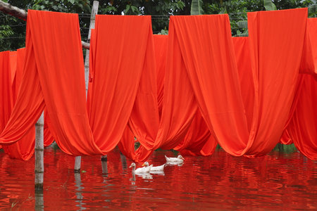 textile fabric drying in the sunの写真素材