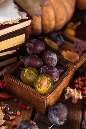 Plums in a box. Two halves of a plum cut in half lie side by side.の写真素材