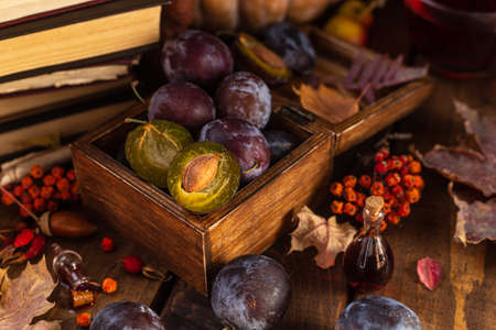Plums in a box. Two halves of a plum cut in half lie side by side.の写真素材