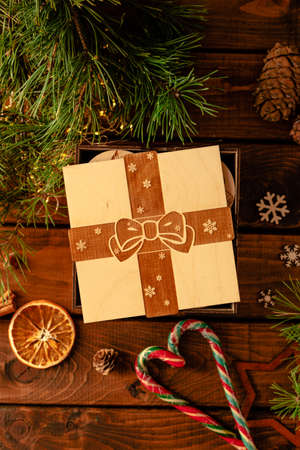 box with an engraving of a bow and ribbon on the lidの写真素材