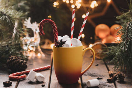 A mug of cocoa with marshmallows from which straws stick out, a caramel stickの写真素材