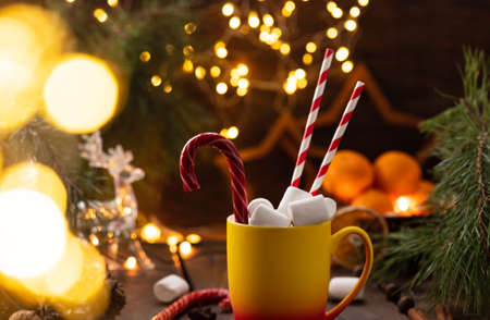 A mug of cocoa with marshmallows from which straws stick out, a caramel stickの写真素材