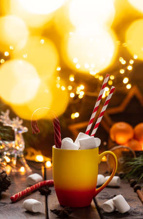 A mug of cocoa with marshmallows from which straws stick out, a caramel stickの写真素材