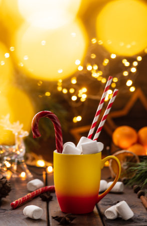 A mug of cocoa with marshmallows from which straws stick out, a caramel stickの写真素材