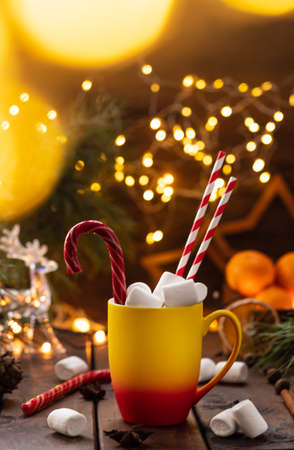 A mug of cocoa with marshmallows from which straws stick out, a caramel stickの写真素材