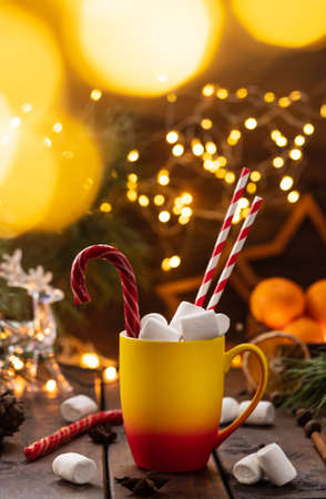A mug of cocoa with marshmallows from which straws stick out, a caramel stickの写真素材