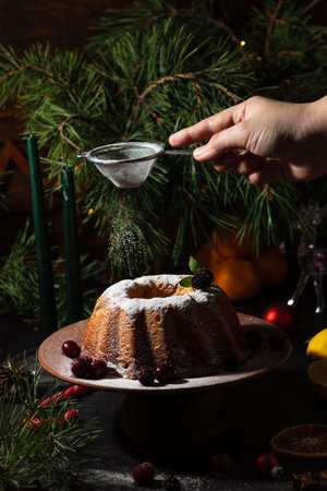 a round cupcake on a background is sprinkled with powdered sugar on top