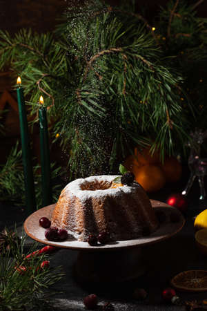 a round cupcake on a background is sprinkled with powdered sugar on topの写真素材